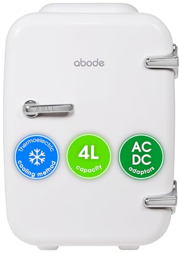 Abode White Mini Fridge A4CLR201W 4L/6 Can Portable Thermoelectric Mini Cooler & Warmer for Drinks, Cosmetics/Makeup/Skincare, AC/DC Power, Retro Style, For Bedroom, Home, Caravan, Car