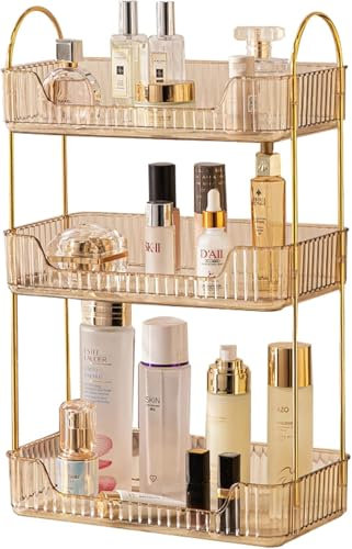 LEIKOSUP Organizzatore di Trucco, Organizzatore di Cosmetici ad Grande Capacità, Organizzatore di Profumi, Organizer Trucchi Multifunzione per Bagno,Toeletta,Camera da Letto, 3 Livello, Ambra