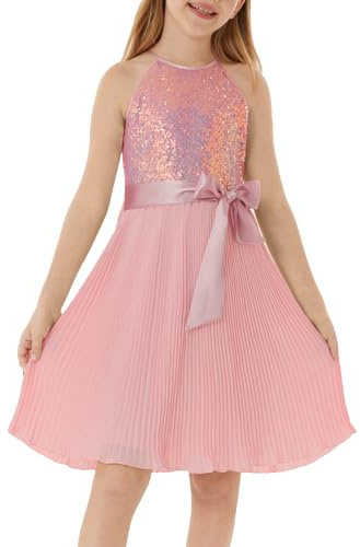 GRACE KARIN Girls Elegant Summer A-line Dress Halter Neck Sleeveless Sequin Dress Light Pink 12 Years