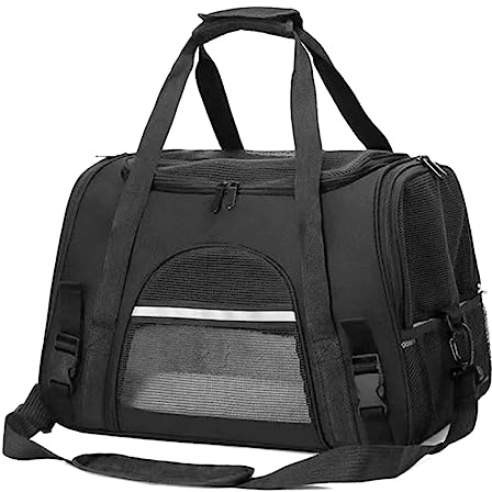 Andningsbar Kattväska, Transportlåda för Hundar och Katter, 43 X 28 X 25cm, Bärbar Transportväska för Katter och Hundar, Ventilerande Biltransportväska för Husdjur (Svart)