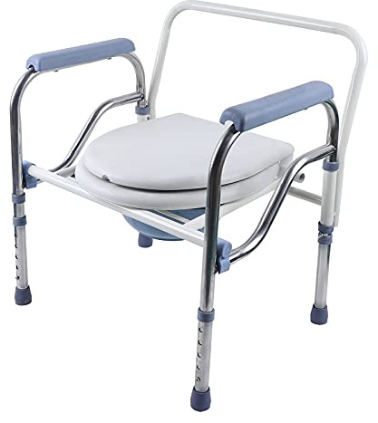 Sedia WC per anziani e disabili, con secchio per WC, sedile WC pieghevole, 150 kg, altezza regolabile 65 – 75 cm