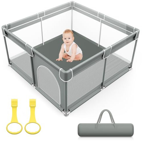 Parque Infantil Bebe, 127x127cm Corralito Bebe, Corralito Bebe para Actividades con Malla Transpirable y 2 Anillas Incluidas, Parque de Juegos Bebe Antideslizante con Puerta Lateral
