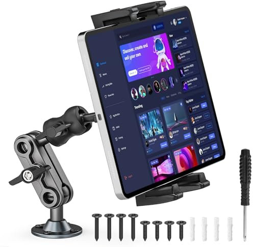 Nakelulu Aluminum Tablet Car Holder, Heavy Duty Drill Base Desktop Tablet Mount, Suitable for Trucks/Walls/Desktops, iPad Wall Mount Compatible with 4.7 to 12.9 Tablets and Smartphone
