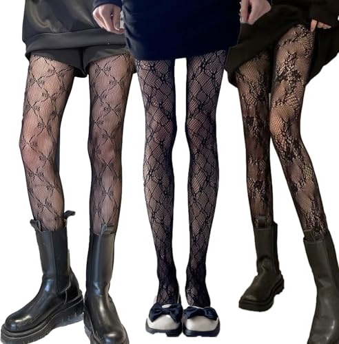 Mayoii 3 Pairs Fishnet Tights Womens – High Waist Patterned Tights, Sexy Mesh Fishnet Stockings for Women, Printed Fishnet Pantyhose Set (UK, Alpha, One Size, Regular, Regular, 3-Pairs-A)