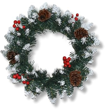 MHOR LIVING Christmas Wreath 40cm/16 inches – Rustic Artificial Door Wreath for Outdoor Christmas Decorations with Snowy Tips, Red Berries & Pine Cones, Festive Front Door Decoration