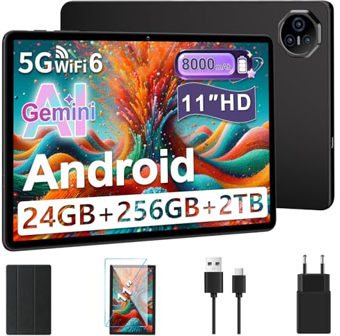 Tablet 11 pulgadas, Tableta Android, 24 GB RAM+256 GB ROM (2 TB TF), FHD IPS, Octa-Core, UFS 2.2 Flash, 8000 mAh, 5 MP + 13 MP, WiFi dual, BT 5.0, Widevine L1, Face ID, con Carcasa Metálica-Gris