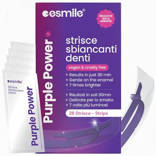 ESMILE 28 Strisce Sbiancanti Denti Professionali Viola - Risultato Immediato Effetto V34 - Sbiancamento Denti Rapido a Casa | Ideali per Macchie da Caffè, Vino, Fumo | Delicate per Denti Sensibili