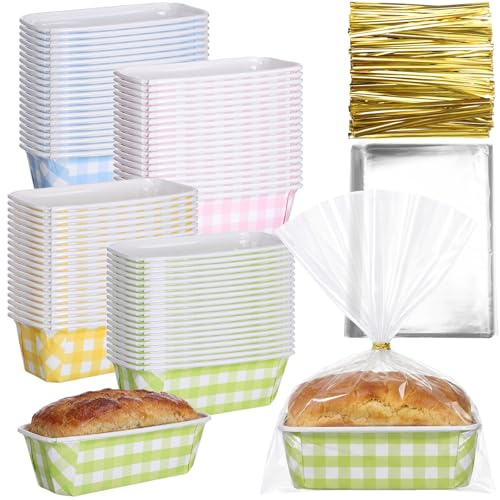 LemonRoad 24 Sets Easter Paper Loaf Pan for Baking 6.3 x 2.2 x 2.2 Inch Small Disposable Colorful Plaid Baking Pans with Clear Plastic Bags and Ties Rectangle Cake Pan for Bread Mold Supply Gift