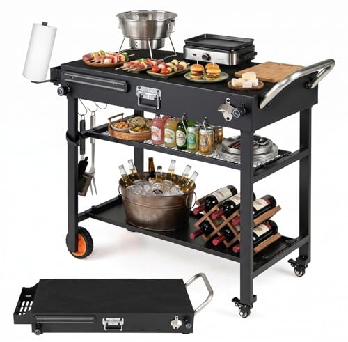COSTWAY Grillvagn utomhus, grillbord vikbart, serveringsvagn metall | Pizzatisk med rullar, 86,5 x 46 cm arbetsyta, krokar & 3 hyllor, grillsidobord väderbeständigt, för grillfester, trädgård