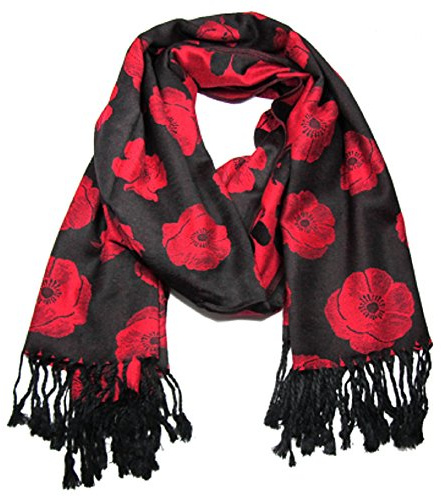 LilyRosa® Pashmina Style Poppy Flower Design - Soft Touch & Warm - Scarf, Shawl, Wrap (Black & Red Poppy)