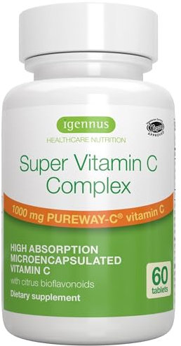 Super Vitamin C Complex, Complesso Vitamina C 1000mg, Pureway-C con Bioflavonoidi da Agrumi, Alto dosaggio per 24 ore di supporto immunitario, Vegano, 60 compresse