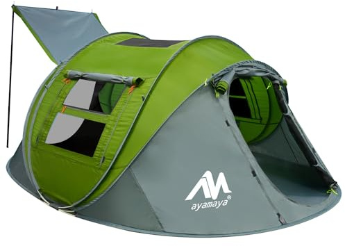 4 Person Pop Up Tents for Camping - AYAMAYA Upgraded Large Size & Skylight & Removable Rainfly & 2 Doors & Waterproof Instant Family Tents, Automatic Easy Up Tent with Poles for Camp, Travel, Beach