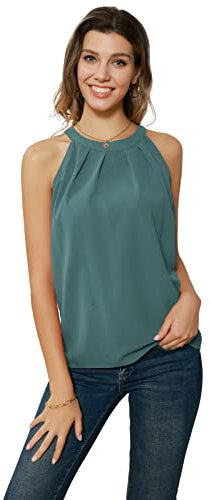 Tops Damen Neckholder Top Chiffon Bluse Loose Fit Top Damen Sommer Tops Elegant Ärmellose Oberteile Neckholder Oberteile Blaugrün S CL1104S22-04