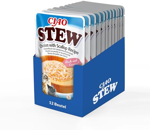 INABA Ciao Stew Katzenfutter Nass 86% Feuchtigkeit und Vitamin E, Premium Katzensuppe mit Huhn & Jakobsmuschel 40 g (12er Pack), 100% natürliches Fleisch, Getreidefrei, Zuckerfrei