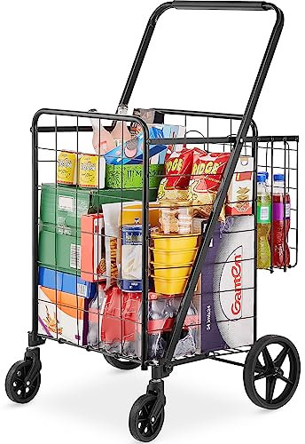 VEVOR Carro de Compra Plegable Carga de 50 kg con 4 Ruedas Más de 85 L Carro de Supermercado con 2 Cestas Carro de Compra de Hierro Carro Multiusos Resistente para IR de Compras
