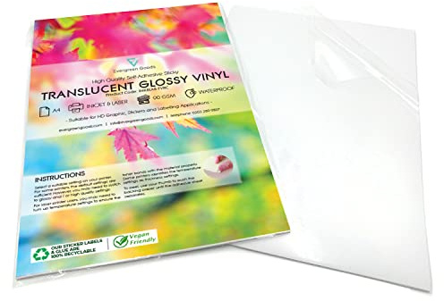 Evergreen Goods 40 ark A4 glansigt genomskinligt utskrivbart klistermärke vinyl | vattentätt bläckstråleskrivare och lasertryck | självhäftande etikett på baksidan