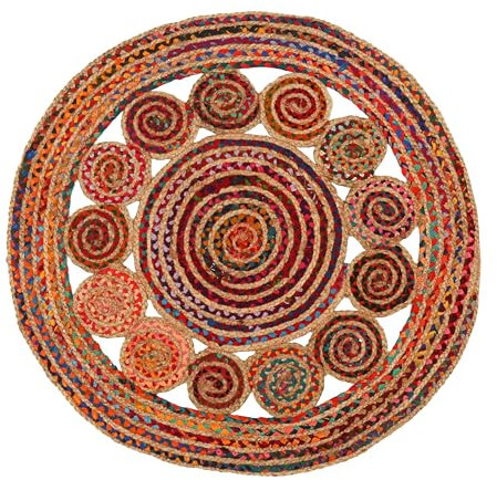 RIANGI Runder handgewebter Chindi-Teppich aus Jute, 91 cm, bunt, Boho-Teppich für Wohnzimmer, handgeflochtener, mehrfarbiger Bohemian-Teppich für Bauernhaus, Schlafzimmer, Esszimmer, Klassenzimmer,