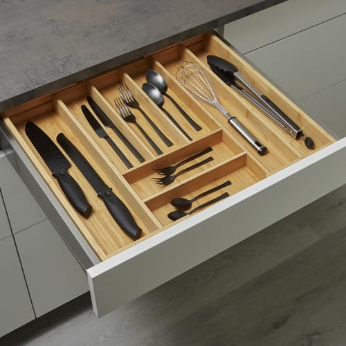 SOTOOLSO-BOX Bambus Besteckkasten mit 6 Fächer ausziehbar auf 8 Fächer für Schubladen mit Breiten von 50-60 cm