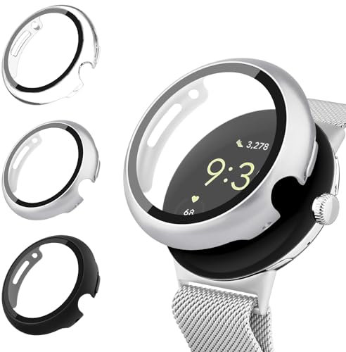 Vancle [3 Stück] Hülle für Google Pixel Watch 2 Hülle/Google Pixel Watch Schutzhülle, PC Hard Hülle mit Hartglas Displayschutz Rundum Schutzhülle, Schwarz+Silber+Transparent