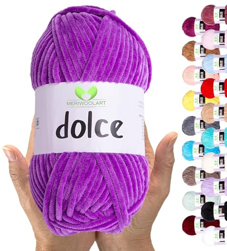 MeriWoolArt Chenille Garn zum Stricken und Häkeln Lila - 100 g und 120 m Samt-Wolle - 100% Flauschige Polyester Strickgarn für Amigurumi Kissen Decken weiche Kleidung Geschenke
