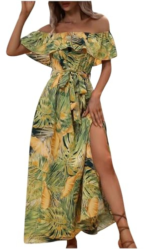 Bohemian Beach Dress for Women UK Elegant Off Shoulder Summer Boho Maxi Dresses Ruffle Vintage Floral Bandeau Sundress Holiday Flowy Loose Swing Long Dresses for Evening Night Out Yellow