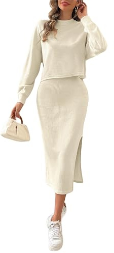 Kate Kasin robe en tricot pour femme - Pull à manches longues - Haut - Jupe midi - 2 pièces - Midi - Col roulé - Beige, XL