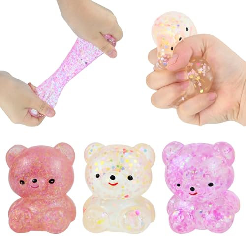 KATIMI 3 Stück Bärenförmiger Stressball Kinder, Bären Anti Stress Bälle Spielzeug Squishy, Handübung Antistressball Kinder, TPR Quetschball für Entspannung Angst Fidget Spannung (3 Farben)