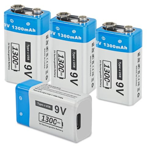9V Wiederaufladbarer Akku, 2er-Pack 1300 mAh Li-Ion Blockbatterie mit USB-C-Ladeanschluss, Schnellladefunktion, ideal für Rauchmelder, Brandmelder und Multimeter, inklusive Ladekabel