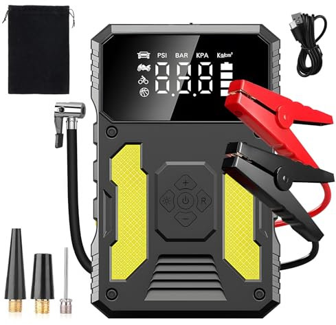 Car Jump Starter Power Pack with Air Compressor 6000A Portable Battery Charger Booster Jump Box Jumper Power Pack Emergency Start Power Bank with LED Flashlight & LED Display(Yellow)