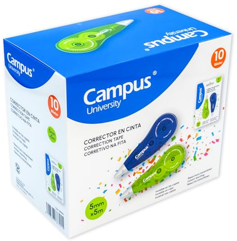 Campus – Cinta Correctora Blanca, 5 mm x 5 m, Blister 2ud de Corrector en Cinta Reciclable, Corrector de Escritura para Bolígrafos de Secado Instantáneo, Corrector Escolar (Caja 10ud)