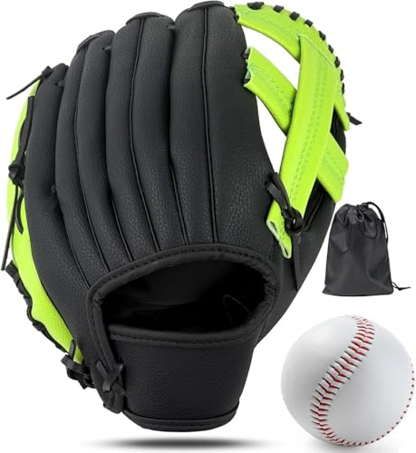 LeapBeast Baseballhandskar, mjuka bollhandskar med 1 boll, baseboll träning konkurrenshandske tjocka hållbara softbollhandskar för barn vuxna (grön svart B, 30 cm)