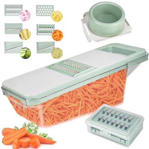 Mandolina 7 en 1 para cortar verduras, 6 cuchillas con recipiente recolector, juego de rallador de cocina y 1 protector de dedos, acero inoxidable, para verduras, patatas, pepinos y ensaladas