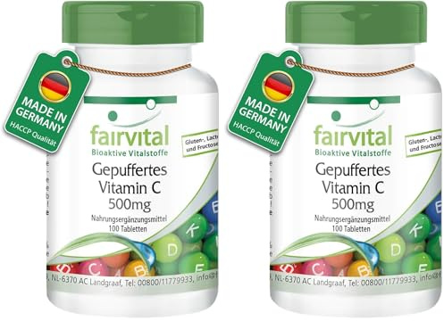 fairvital Vitamina C tamponata 500 mg, 100 compresse, ALTO DOSAGGIO, VEGANO, ascorbato di calcio, facili da deglutire (Confezione da 2)