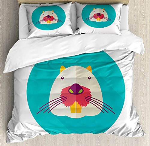Ambesonne Colorful Duvet Cover Set, Beaver Portrait with Small Eyes and Giant Teeth Cartoon Style Animal Illustration, Decorative 3 Piece Bedding Set with 2 Pillow Shams, King Size, Multicolor