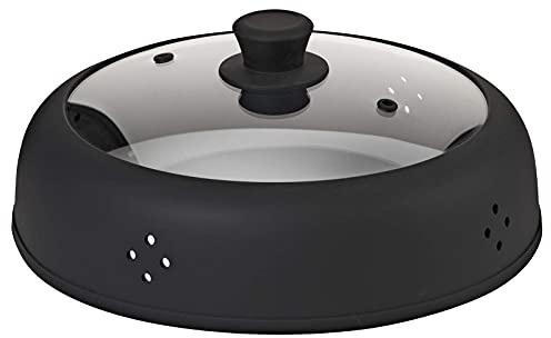 Bezrat Vented Glass Microwave Plate Cover | Large 12-inch Splatter Guard Lid | Firm Grip Silicone handle | 100% Food Grade | Dishwasher Safe (Black)