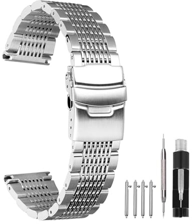 Kai Tian Uhrenarmband 22mm Edelstahl Mesh Silber, Doppelschlösser Faltschließe Uhrenärmband Ersatz Metall Armband Armbanduhr für Herren Damen