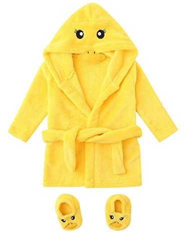 Baby Boys Girls Bathrobe Dressing Gown 2Pcs Outfit Sets Infant Kids Cartoon Flannel Hooded Bath Robe + Shoes Clothes Set Warm Sleepwear Homewear Towels Wrap Shower Gift 0-12 Months Yellow