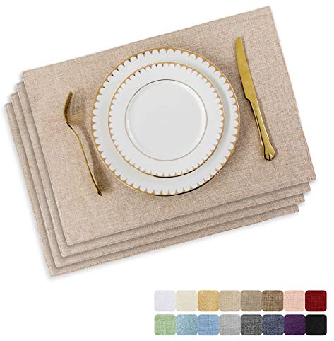 Home Brilliant Placemats Set of 4 for Party, Linen Placemats Heat Resistant Woven Place Mats Beige, Table Mats for Dining/Kitchen Table Autumn, 33x48 cm, 4 Pcs, Light Linen