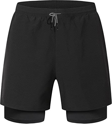 HOPLYNN Mens Running 2 in 1 Sports Shorts Breathable Outdoor Workout Training Shorts with Pockets Black L