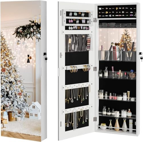 Dripex White Jewelry Organiser Mirror Wardrobe, Wall Mounted & Door Hanging Mirror, Lockable Jewelry Wardrobe with Large Storage