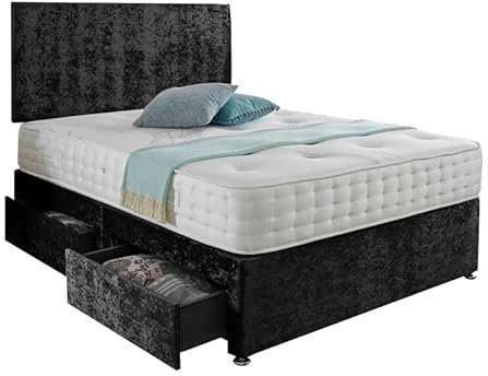 SANA SLEEP Classic Premium Fabric Divan Bed Set With Open Coil Memory Foam Mattress, 2 Drawers (Same Side) and Matching Headboard 4FT6 Double - Black Crushed Velvet