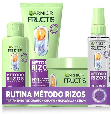 Garnier Fructis Método Rizos con Tratamiento Pre Champú, Champú, Spray y Mascarilla, Rutina para rizos y ondas definidas, Ácido hialurónico y Karité, Fórmula vegana, 2x 200ml+150 ml+370 ml