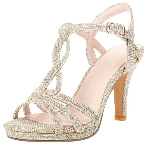 Smilice Mujer Tacón Stiletto Sandalias Dedos Abiertos Zapatos de Traje para Fiesta, dorado, 38 EU