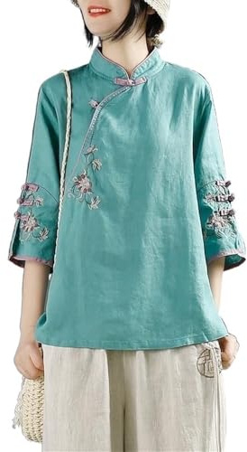 Style Chinois Rétro Coton Lin Haut Femmes Grande Taille Coupe Ample Chemise Exquise Broderie Traditionnelle Hanfu Blouse (Color : Green, Size : M)