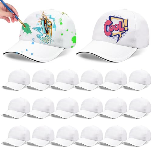 Xaztr 20 Pack White Baseball Caps for Kids, DIY Baseball Hats Bulk Sun Hat with Adjustable Back Strap for Painting Hiking Camp Sport Outdoor Activities