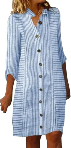 ThiCc Women's Striped Midi Shirt Dress - Button Down Half Sleeve V Neck Collared Tunic Blouse Smock Short Dresses Chambray Business Casual Vacation Beach Outfit