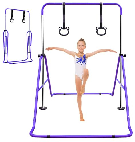 FUNJEPE Expandable Gymnastics Bars,Junior Kip Training Bars Equipment for Home,Adjustable Height Folding Horizontal Bar with Gymnastic Rings for Girls Boys
