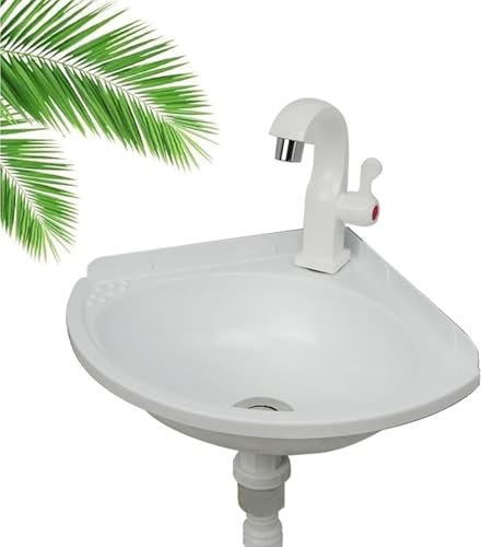 Lavabo de Esquina Pequeña de Plástico Para Baño, Fregadero de Montaje En Pared Suspendido Con Grifo y Juego de Desagüe - Mini Para RV Wc Sótano