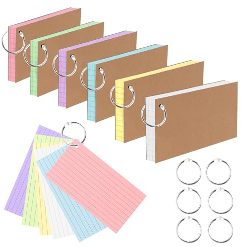 Ztowoto 300 st randiga flashkort med 6 ringar pärm, flerfärgade indexkort kraftpapper omslag, 12,8 x 7,8 cm flashkort för anteckningar, vårdnadshavare, hem och kontor (6 färger)