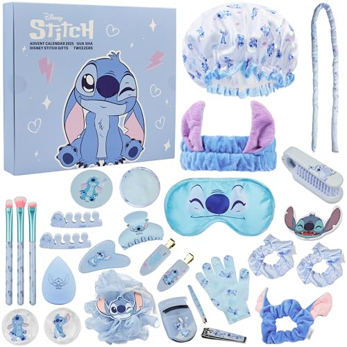 Get Trend Disney Stitch Calendrier de l'Avent 2025 Fille Ado Femme, Coffret Beauté, Masque de Sommeil, Pinceaux, Compte à Rebours Noël (Bleu Stitch)